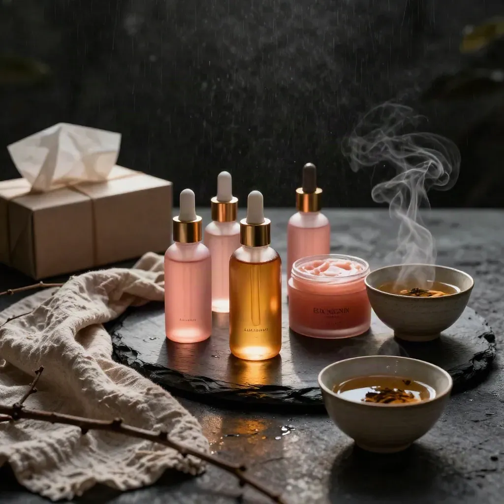Sérum rosé, huile ambrée, baume, tisane fumante et coffret sur pierre sombre.