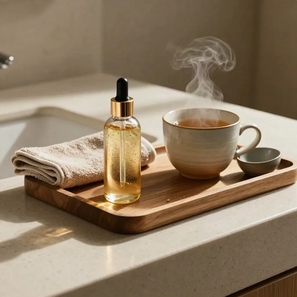 Plateau rituel du matin avec sérum, huile, tisane fumante, serviette pliée et bol en grès.