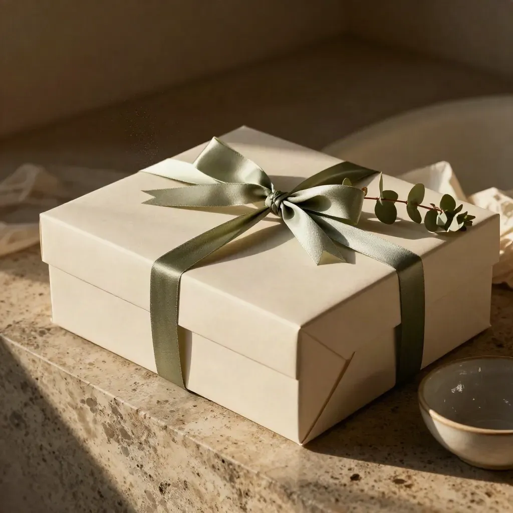 Coffret cadeau calme avec eucalyptus et coupelle, dans une lumière dorée d’après-midi.