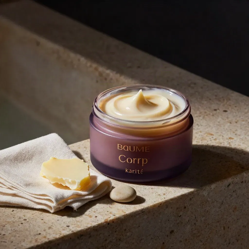 Pot ouvert de baume au karité, spirale crémeuse, linge en coton et pierre claire sur travertin.