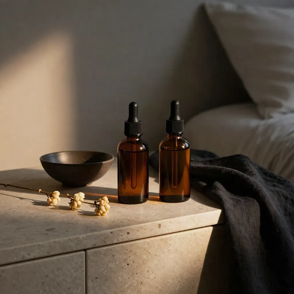 Deux huiles de nuit, coupelle sombre, jasmin sec et linge noir sur console de chambre.