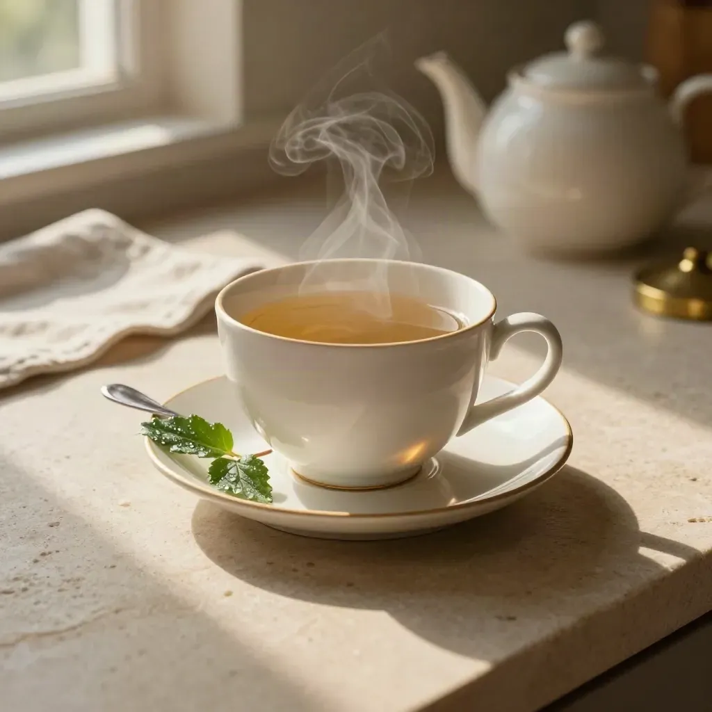 Tasse fumante de tisane verveine avec soucoupe, feuilles fraîches et cuillère sur table claire.