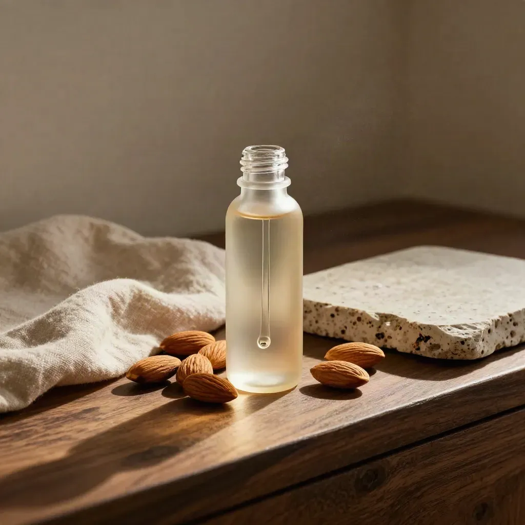 Flacon de sérum Amandier en verre avec amandes, linge beige et pierre usée, lumière du soir.