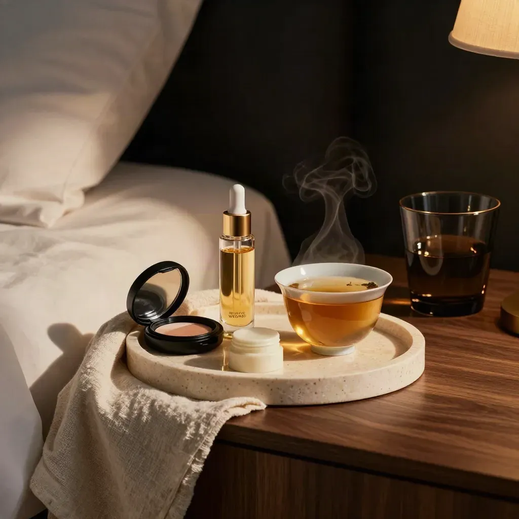 Coffret du soir avec huile, baume et tisane sur chevet en travertin, lumière chaude et linge froissé.