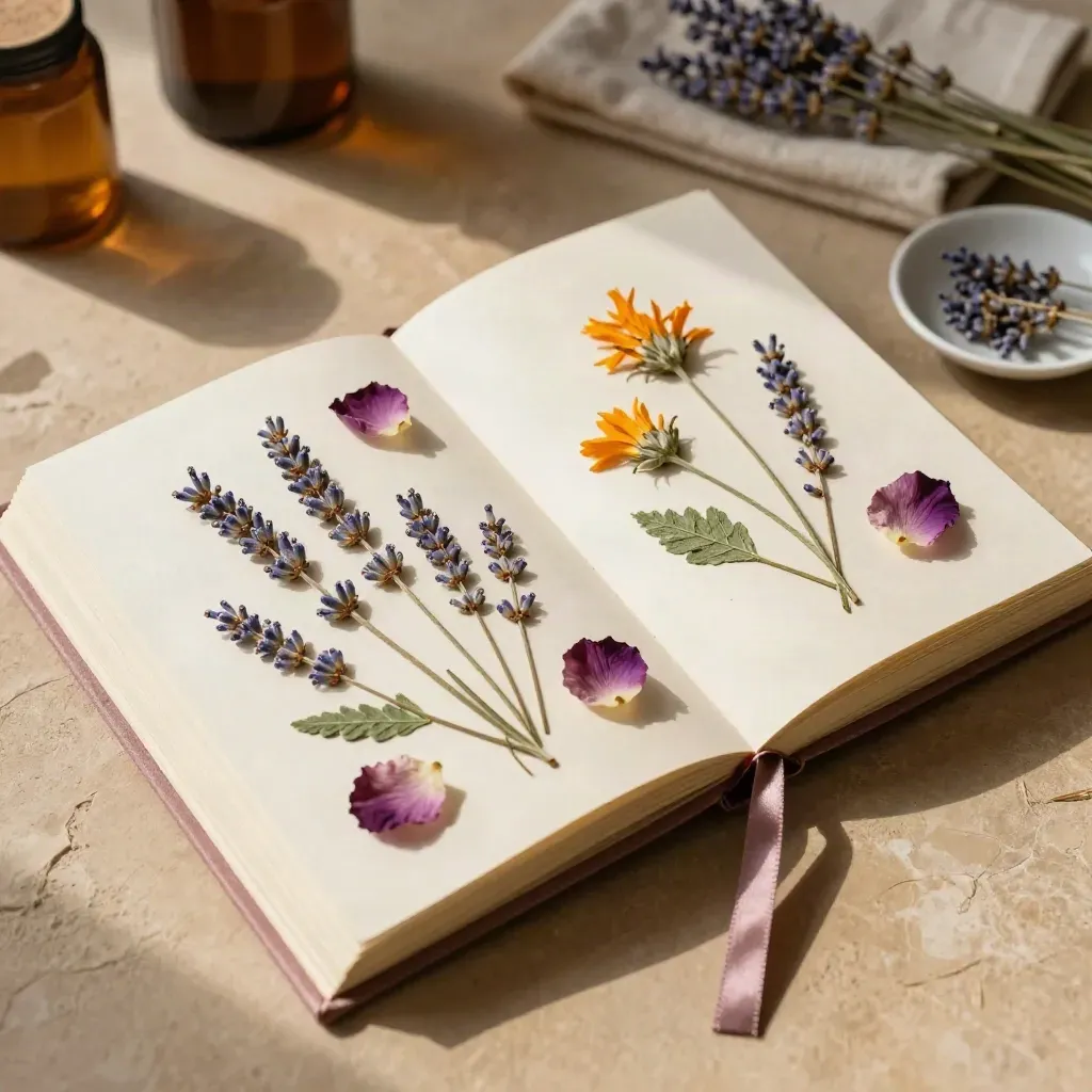 Carnet botanique ouvert, pétales pressés et lumière chaude sur fond d’atelier doux.