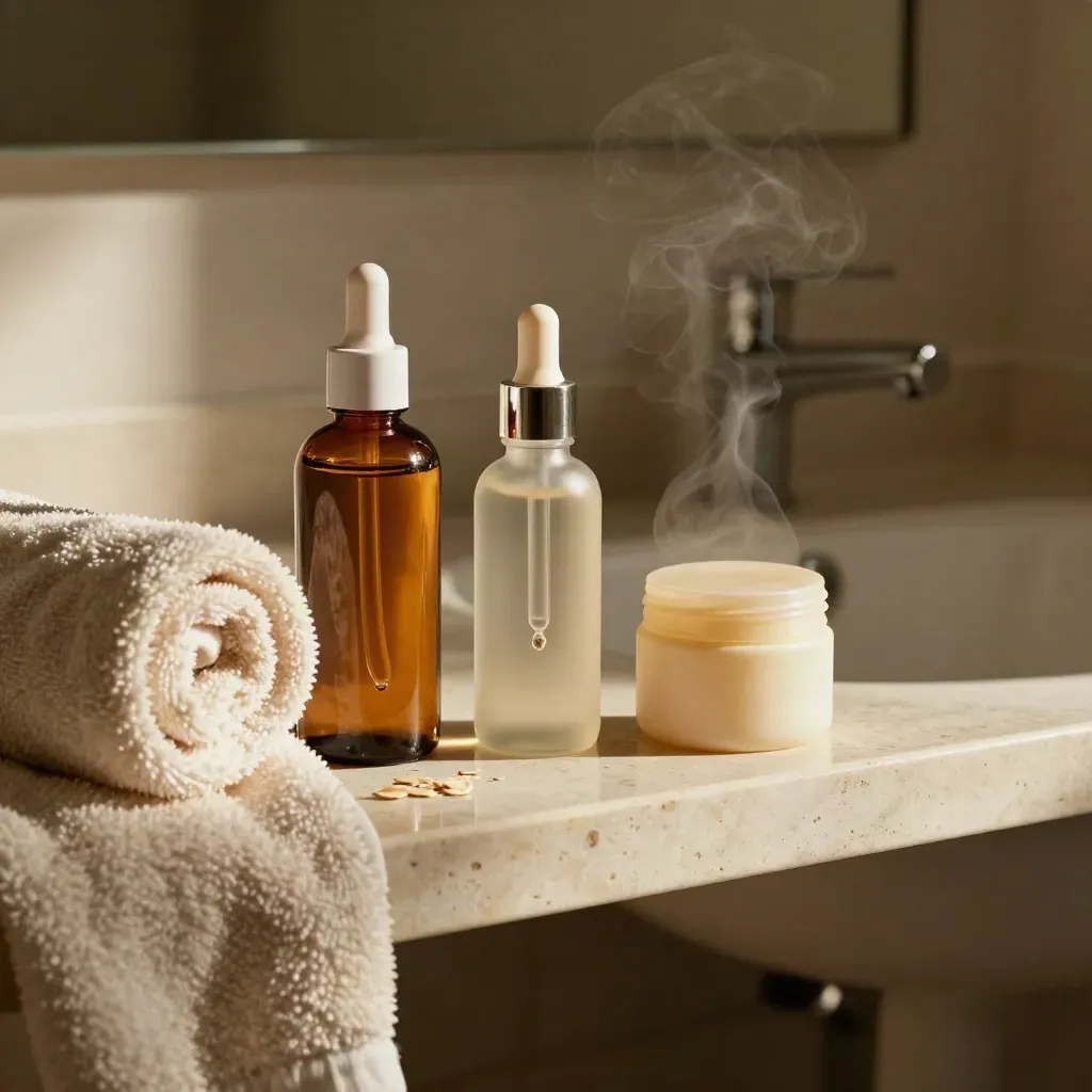 Huile, sérum et baume sur une étagère de salle de bain avec serviette roulée et vapeur légère