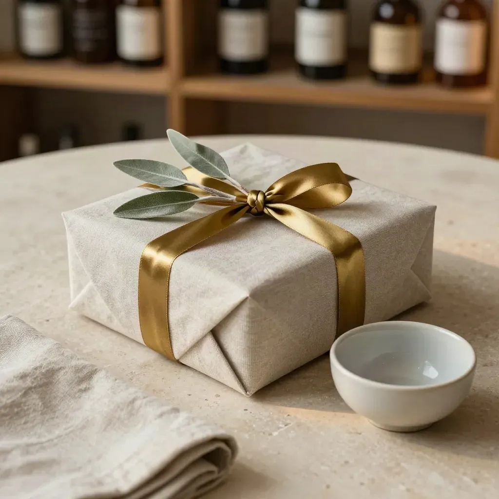 Coffret cadeau botanique avec ruban doré, branche et coupelle en céramique sur table claire.