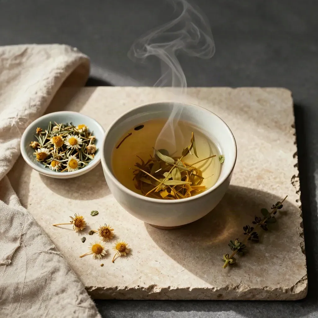 Tisane fumante avec verveine, fleurs séchées, coupelle et linge plié, vue de dessus.