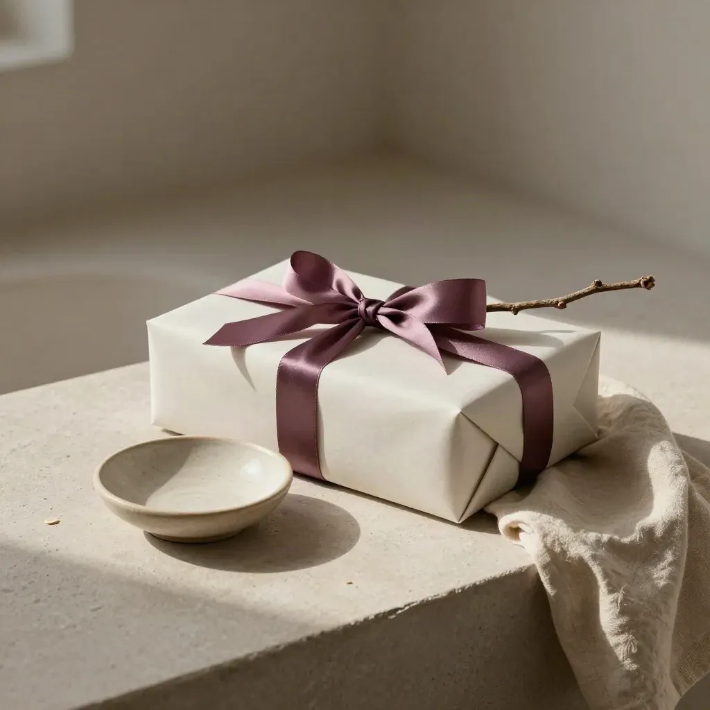 Coffret cadeau noué de plum, branche sèche et coupelle en céramique sur pierre claire.