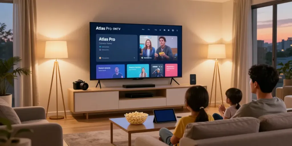 La famille profitant de l'application Atlas Pro ONTV dans un salon confortable.